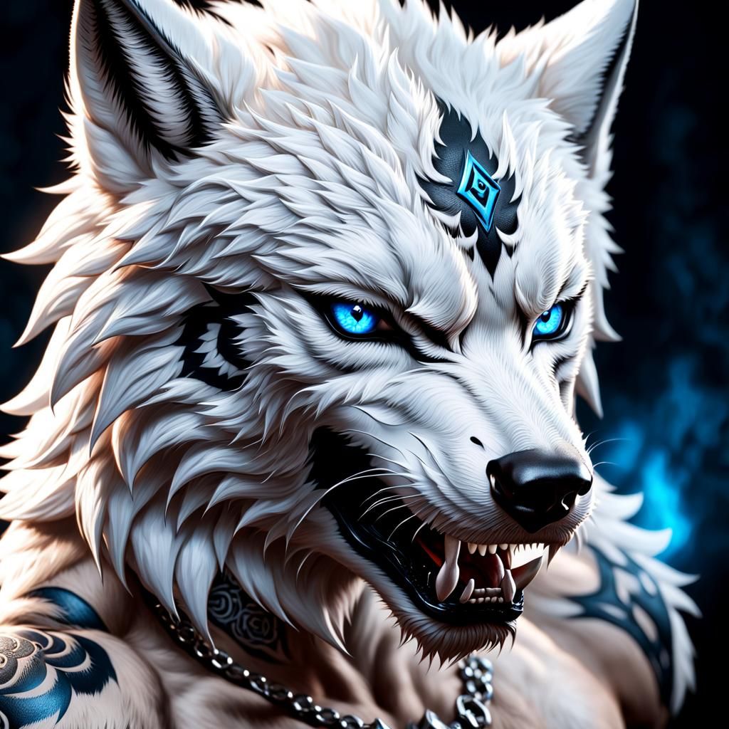 Muscular White Wolf Werewolf with Yakuza Tattoos