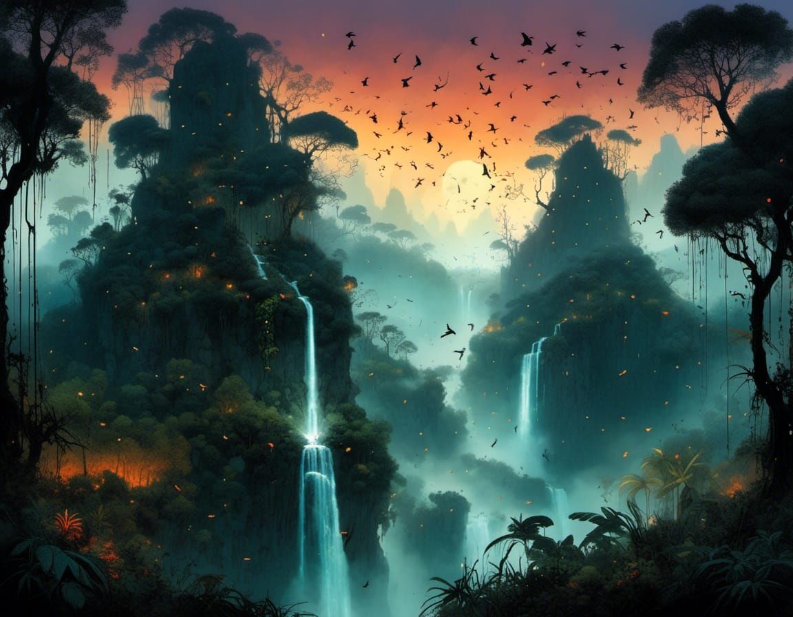 Lush Tropical Rainforest Sunset in Comic Book Style