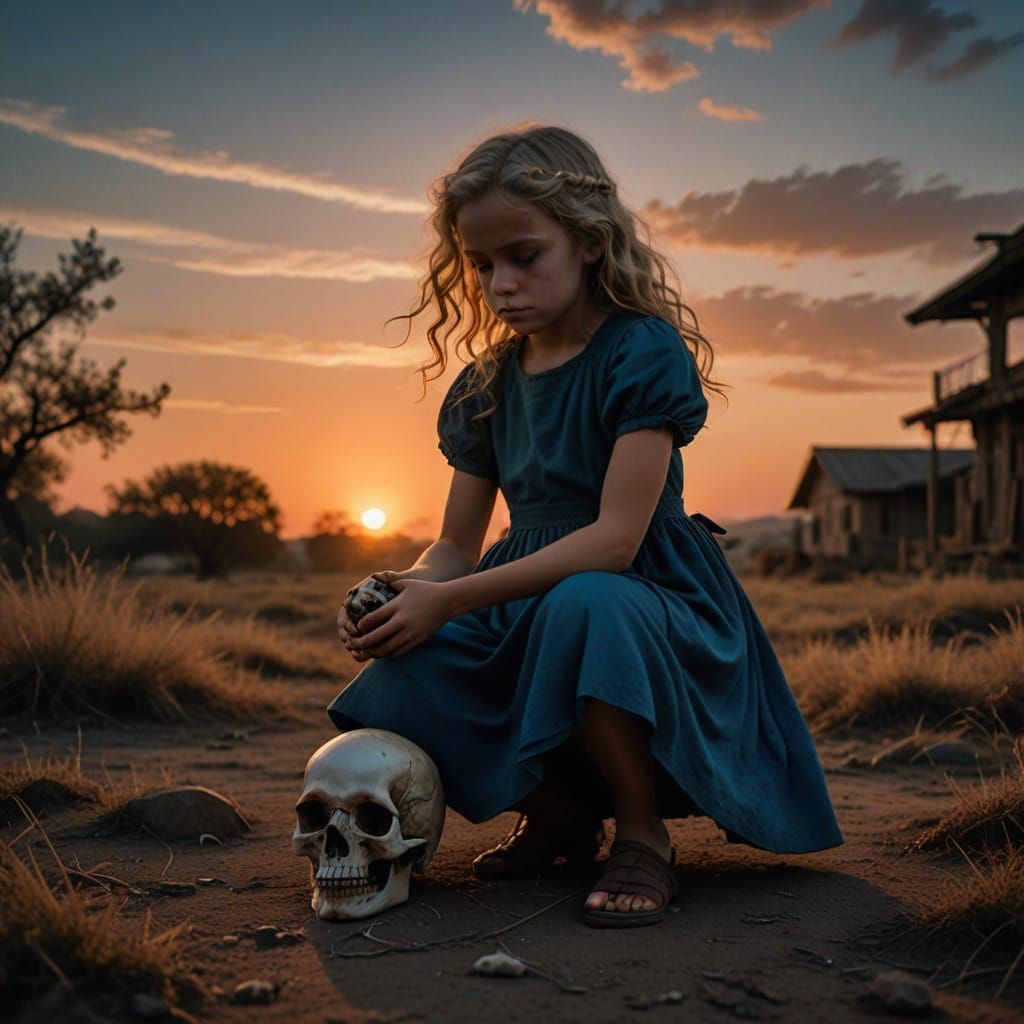 Little Girl Contemplates Skull Against Warm Sunset