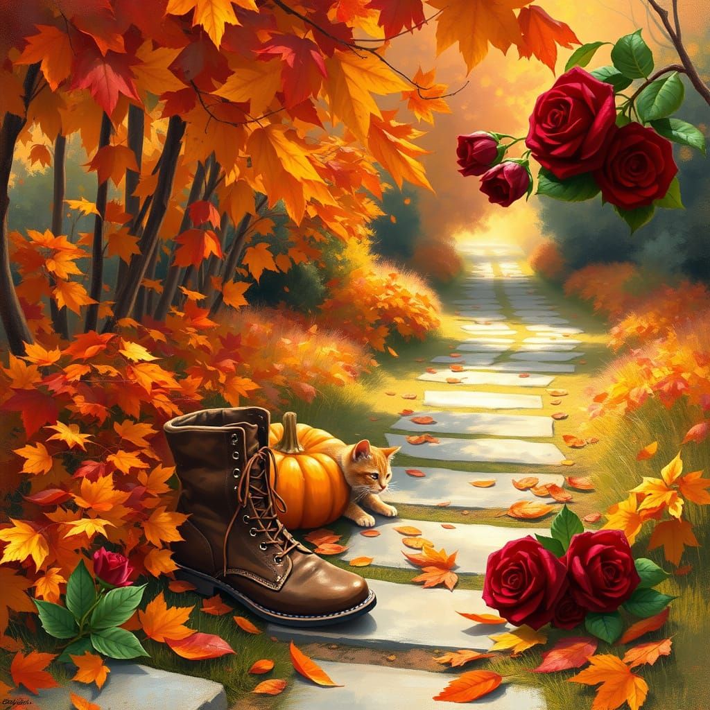 Autumn Garden Path with Pumpkin, Cat, and Roses