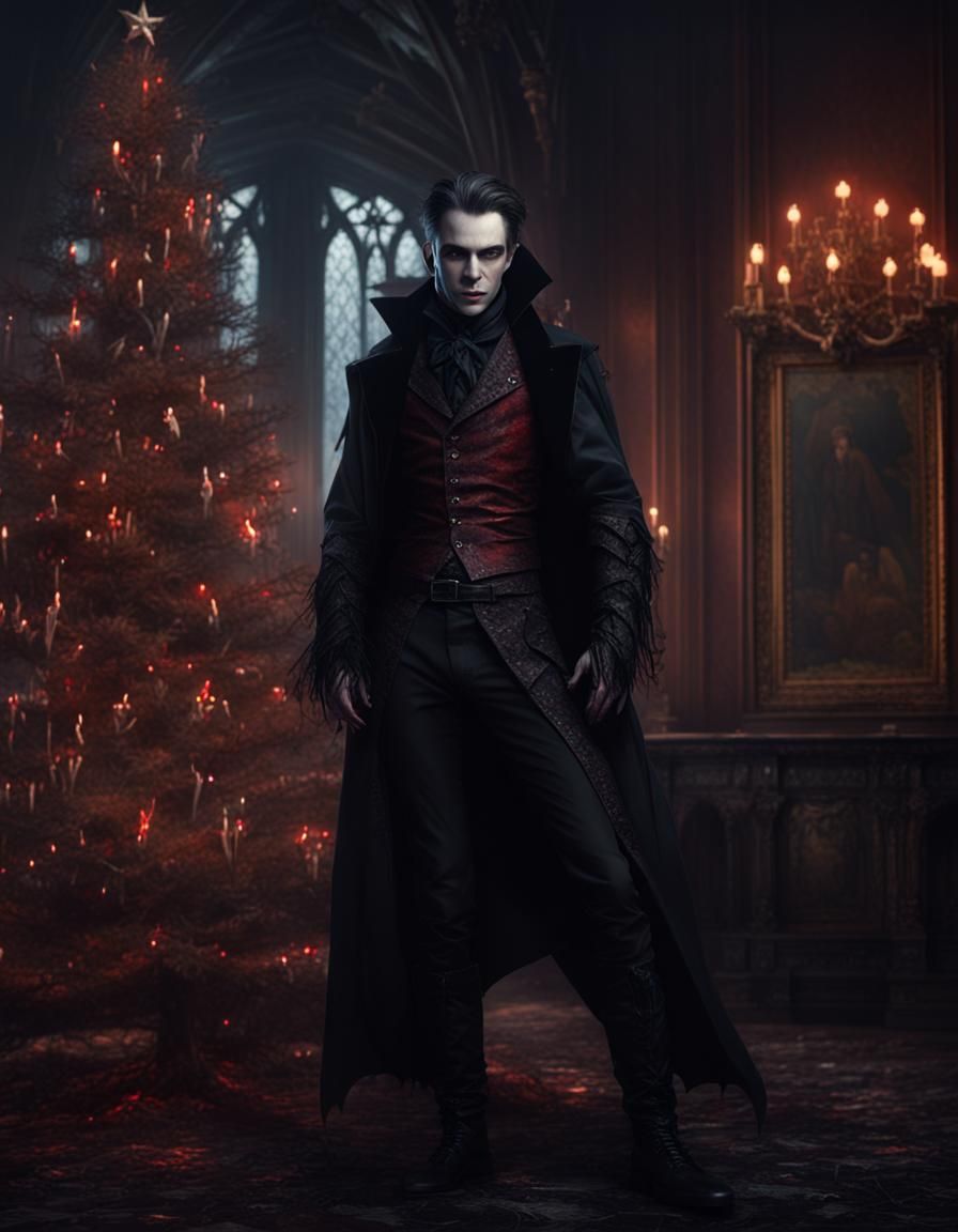 Gothic Vampire by Christmas Tree in Dark Castle
