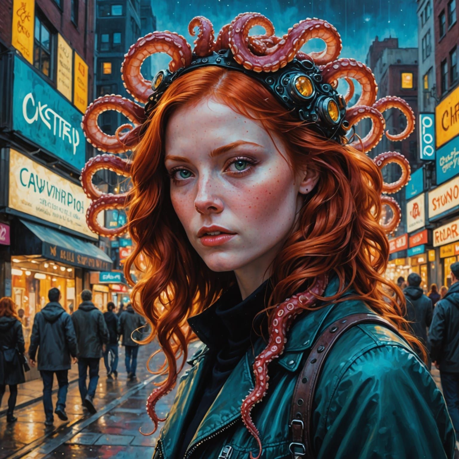 Redhead's Head with Octopus Tentacles on City Street