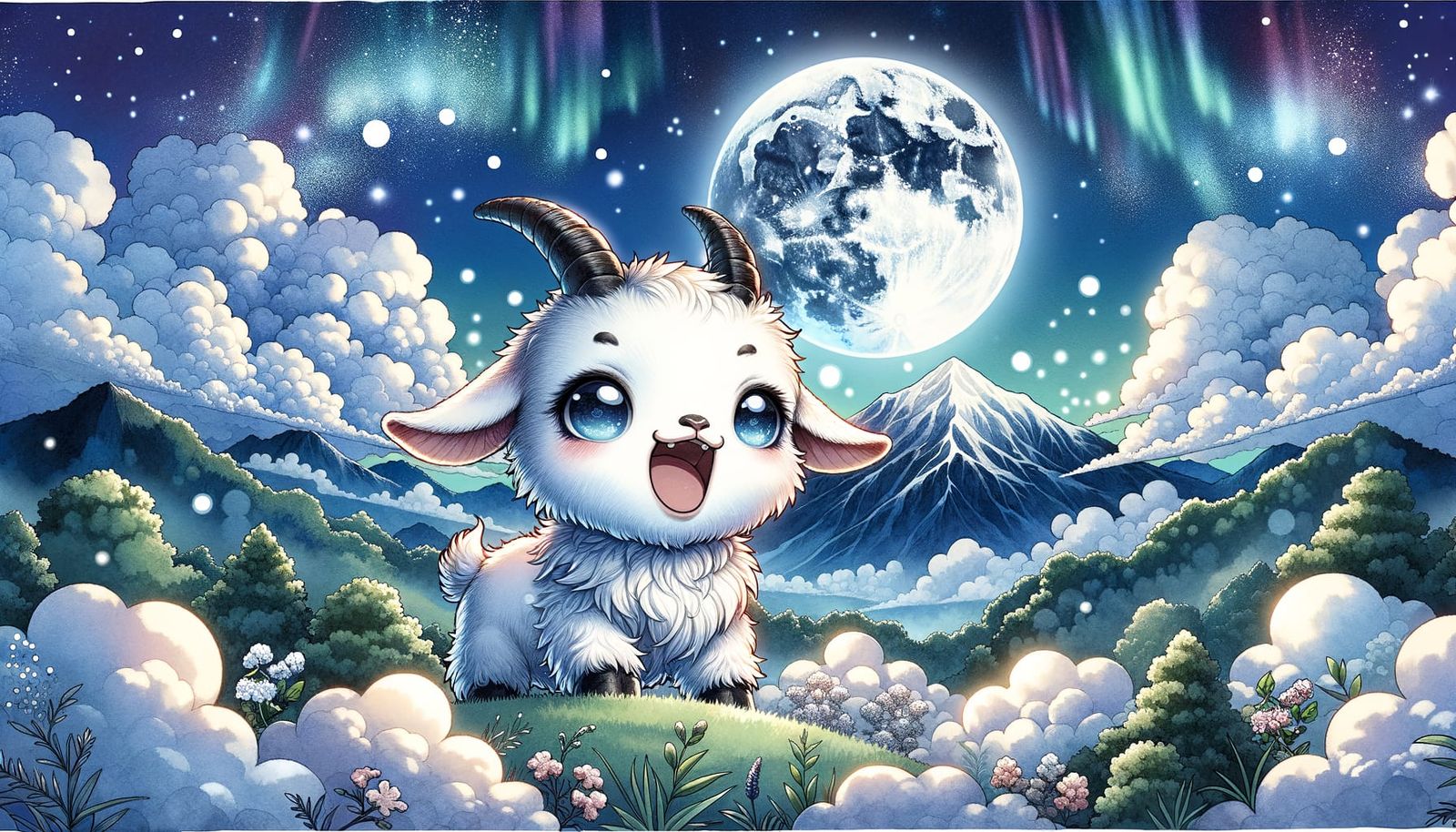 Cute Goat Screams at the Moon, Ghibli Watercolour