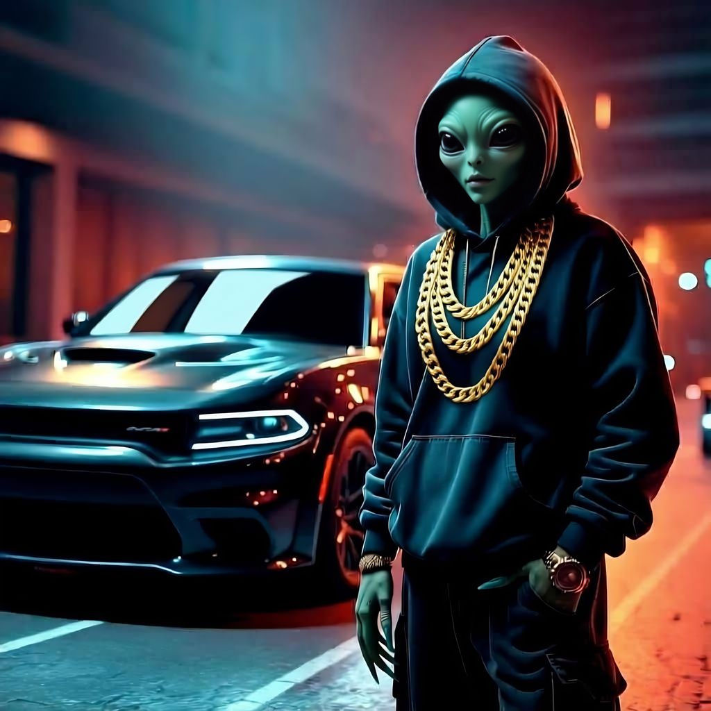 Cute Alien in Hoodie Poses with Dodge Charger