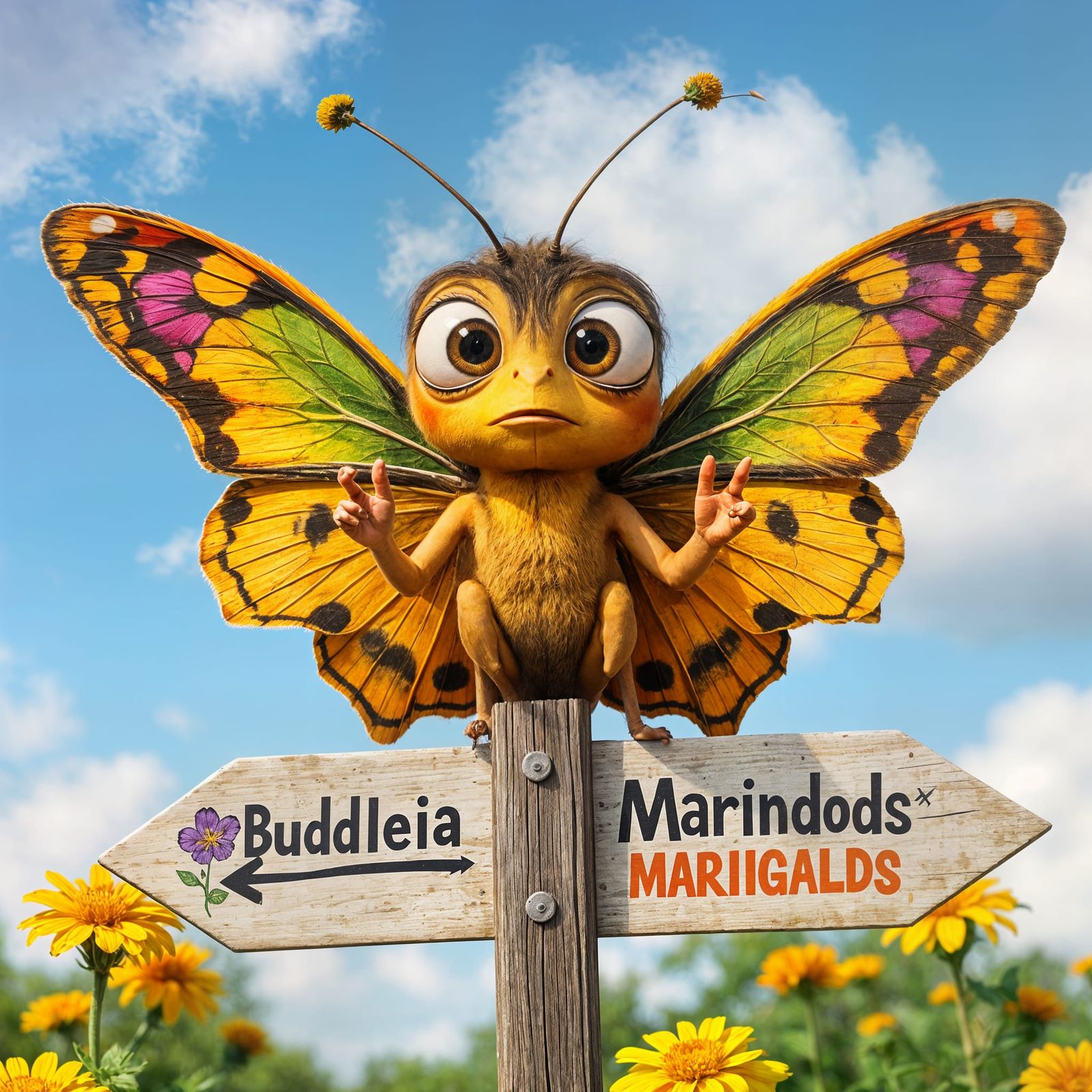 Confused Butterfly at Signpost, Pixar Style