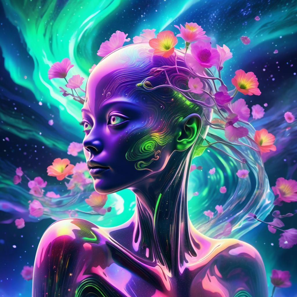 Alien Woman Surrounded by Aurora in Conceptual Art
