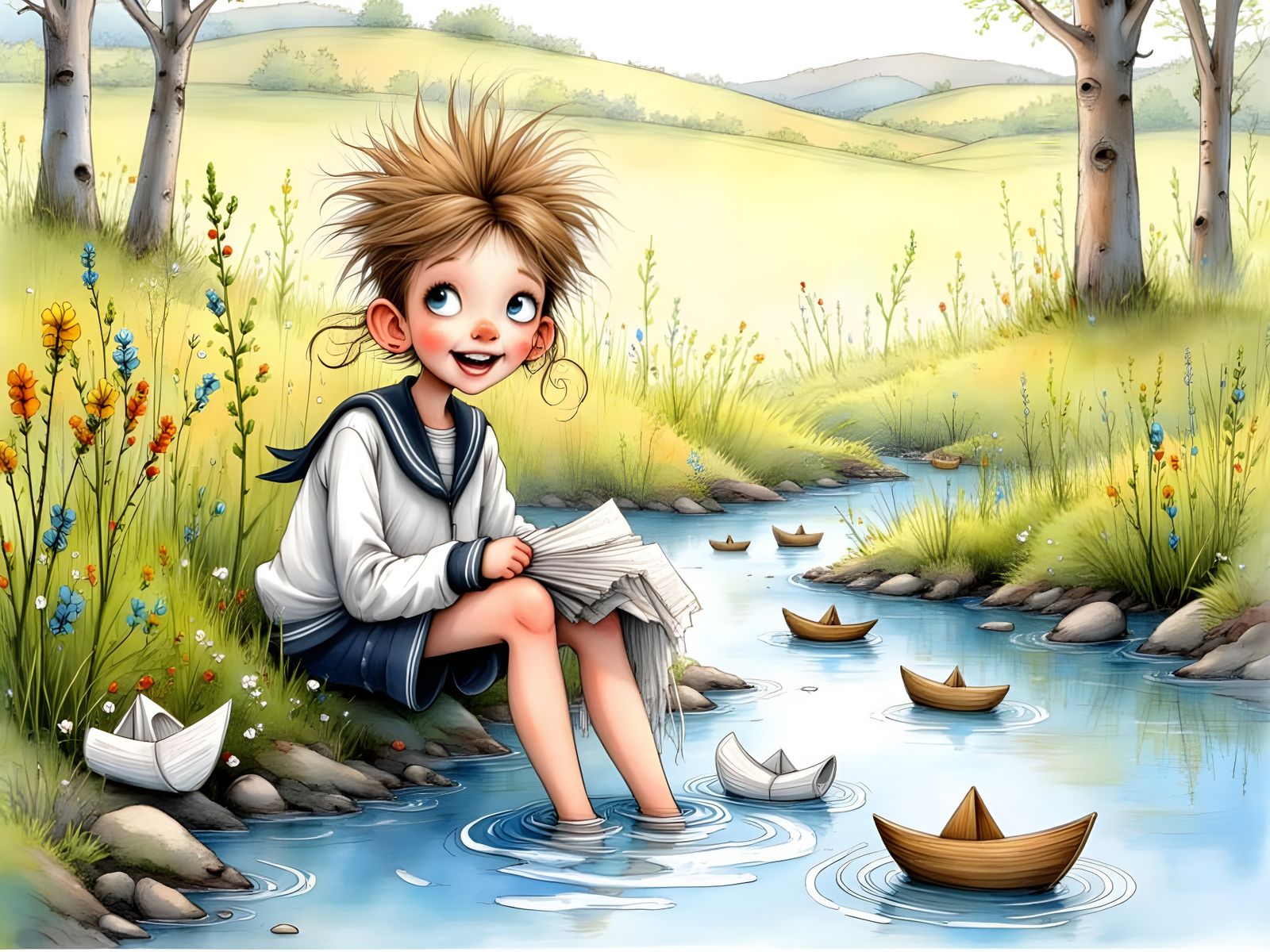 Boy Making Newspaper Boats by Sunny Stream