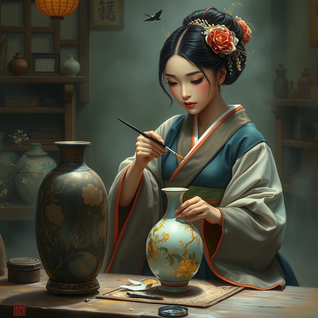 Japanese Woman Repairs Vase in Ethereal Style