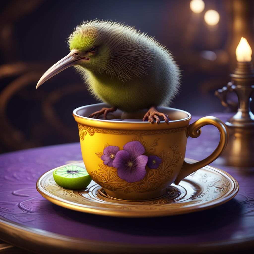 Kiwi Bird Enjoying Tea: Dark Fantasy Art