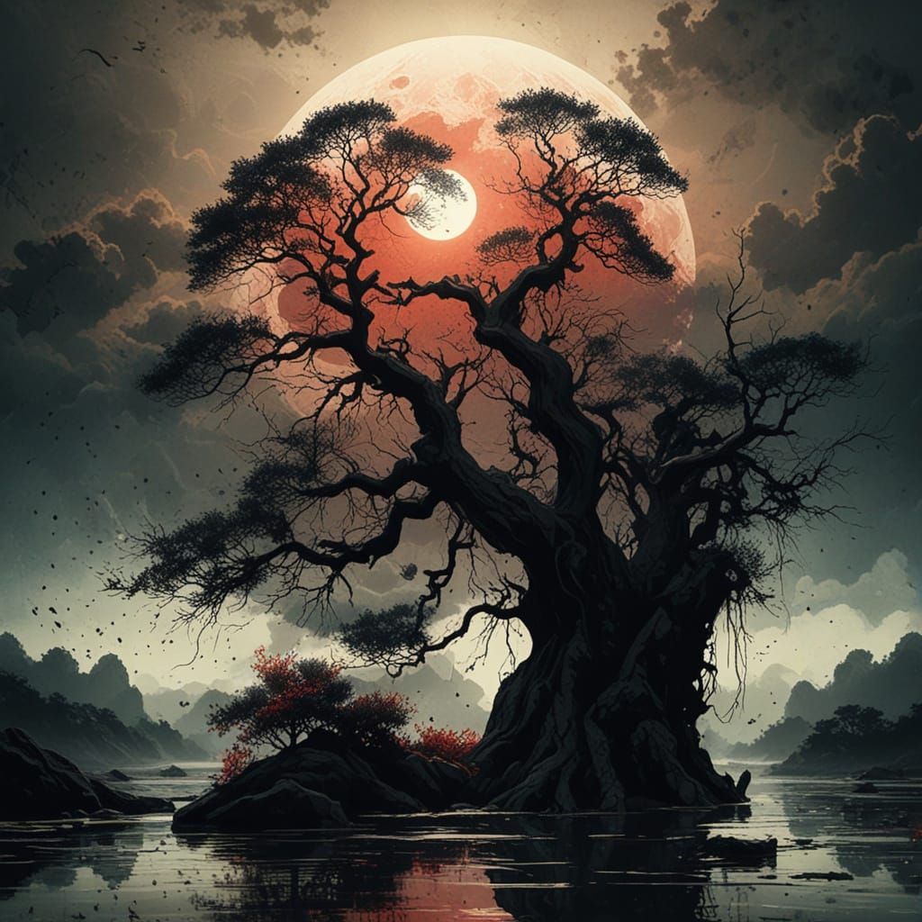 Muted Space Scene with Ancient Tree and Splashing Colors