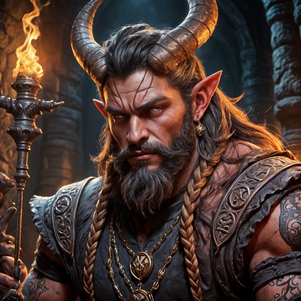 A Handsome, Ruby-Skinned Tiefling Sorcerer with Golden Eyes