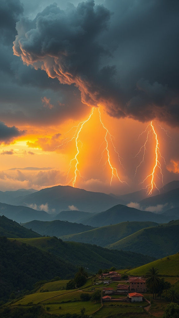 Guatemalan Highlands Sunset with Lightning, Folk Art Style