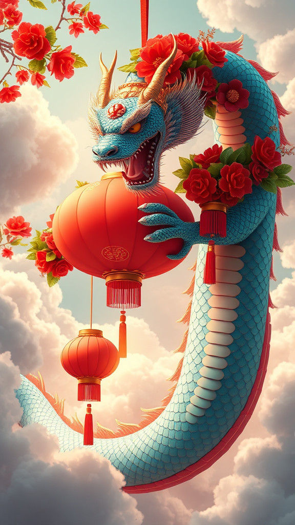 Majestic Dragon Envelops Vibrant Lanterns and Flowers in Lun...