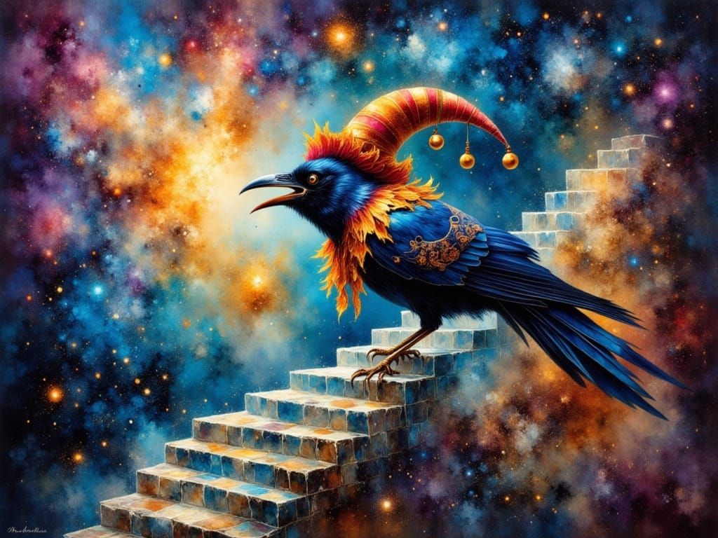 Jester Crow on Crystal Stairs in Surreal Style