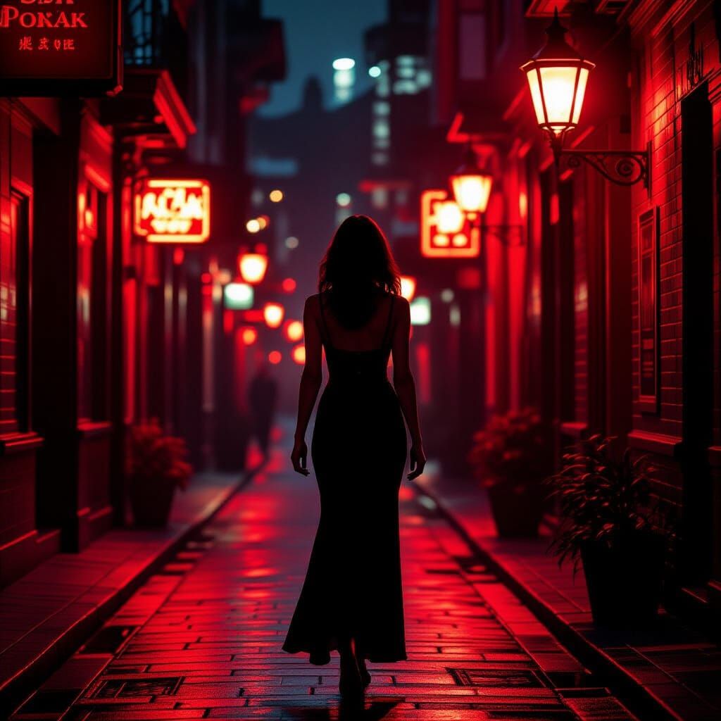Stunning Woman in Moody Crimson-Lit Red-Light District