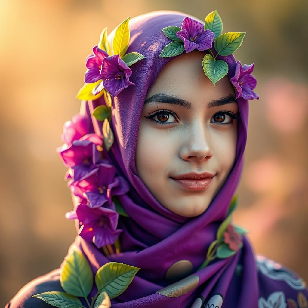 Hijab Girl Portrait with Blooming Flowers as Digital Art