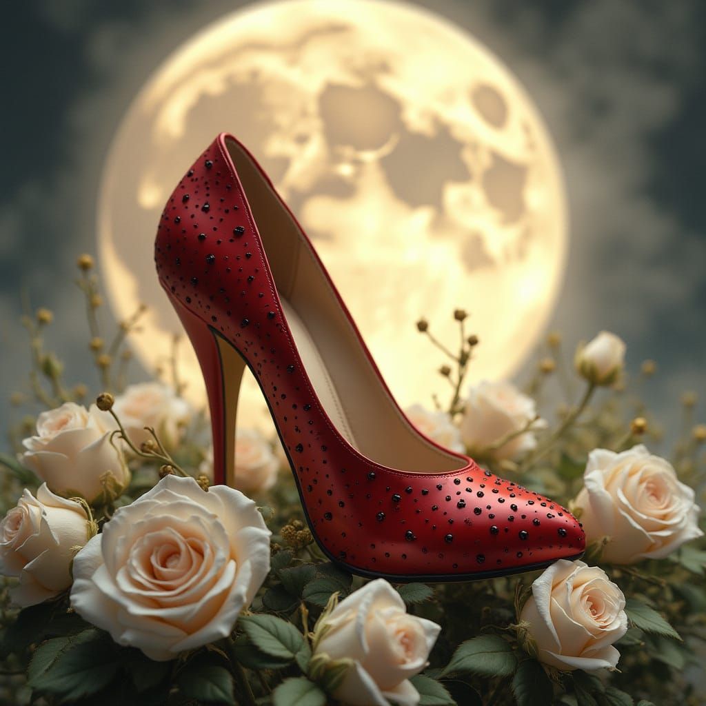 Red High Heel Shoe with Roses Under Moon