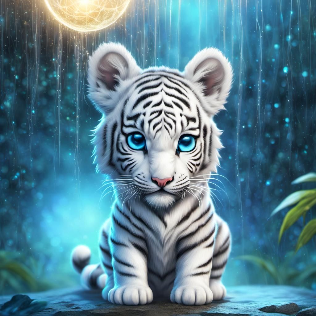 Upset Chibi White Tiger in Rainy Fantasy World