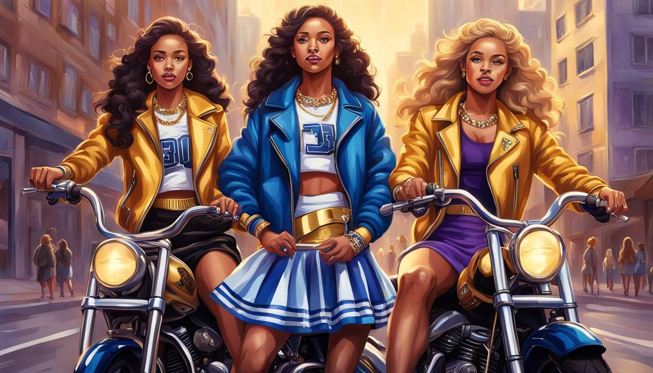 Stylish High School Girls on Motorbikes in Realistic Style