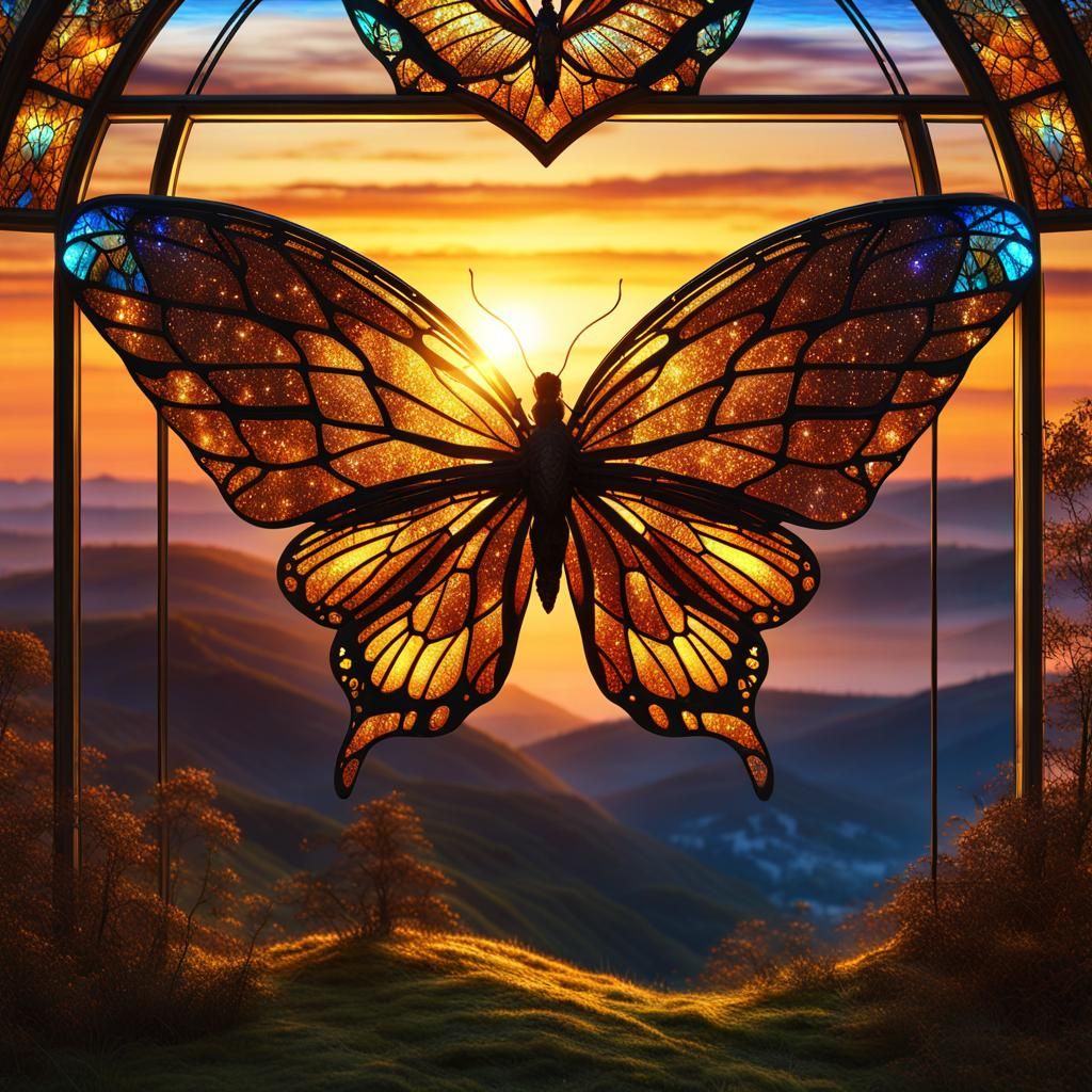 Stained Glass Butterfly at Sunset: Mystical Wings