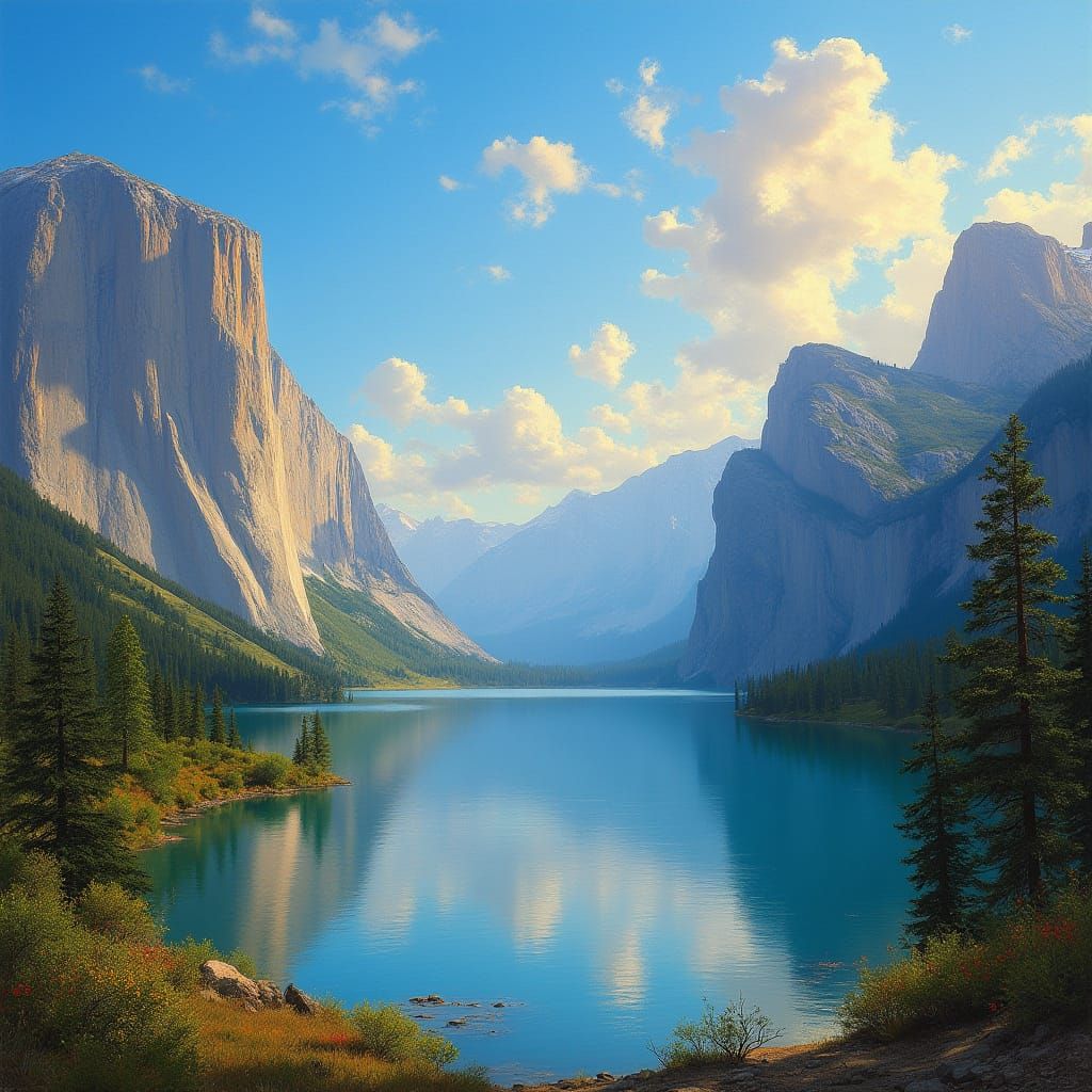 Lush Mountain Lake with Towering Peaks and Vibrant Greenery ...