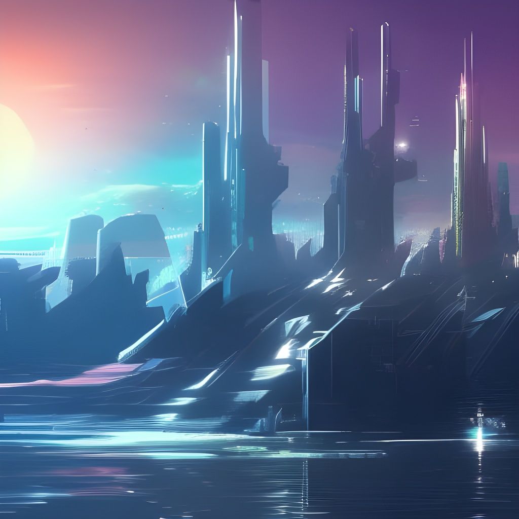 Futuristic Cityscape with Floating Islands at Sunrise