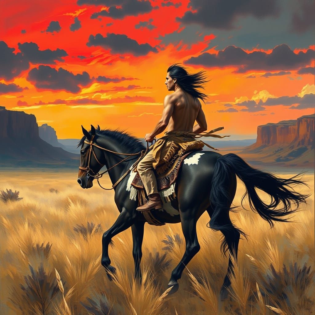 Native American on Pony in Impressionistic Style