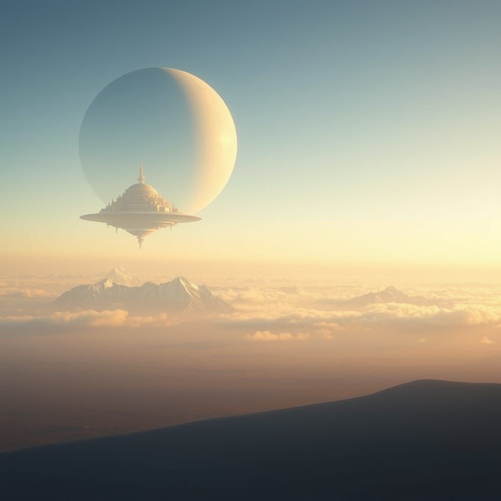 Ethereal Floating City Over Serene Plains at Golden Hour