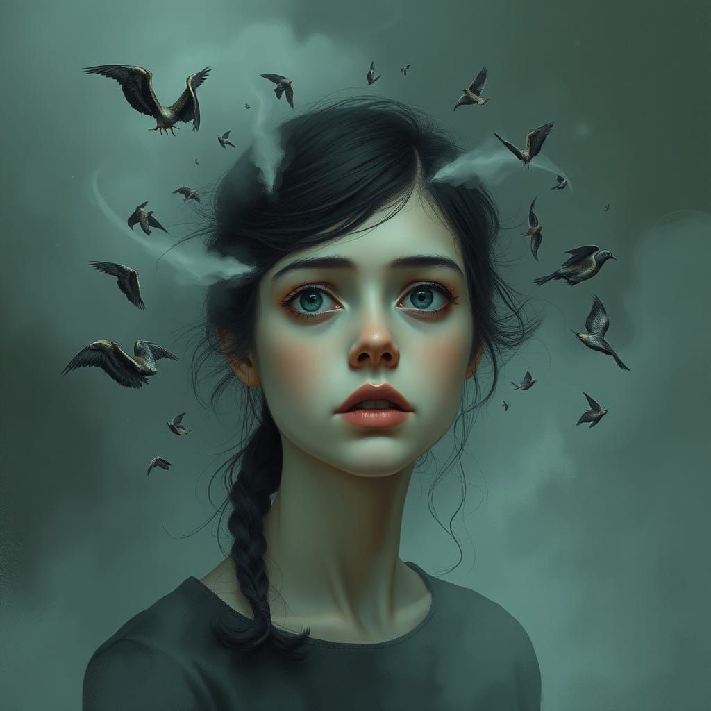 A Young Woman Lost in Surreal Fog