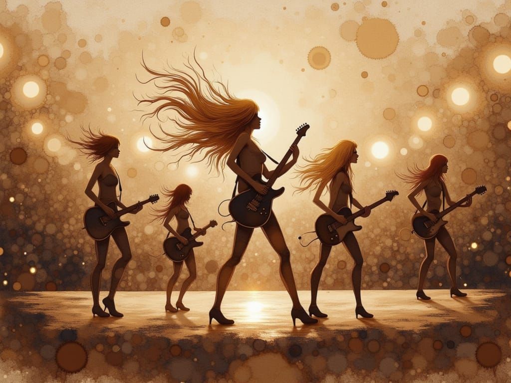 Four-Girl Band in Sepia Coffee Stain Stadium Art