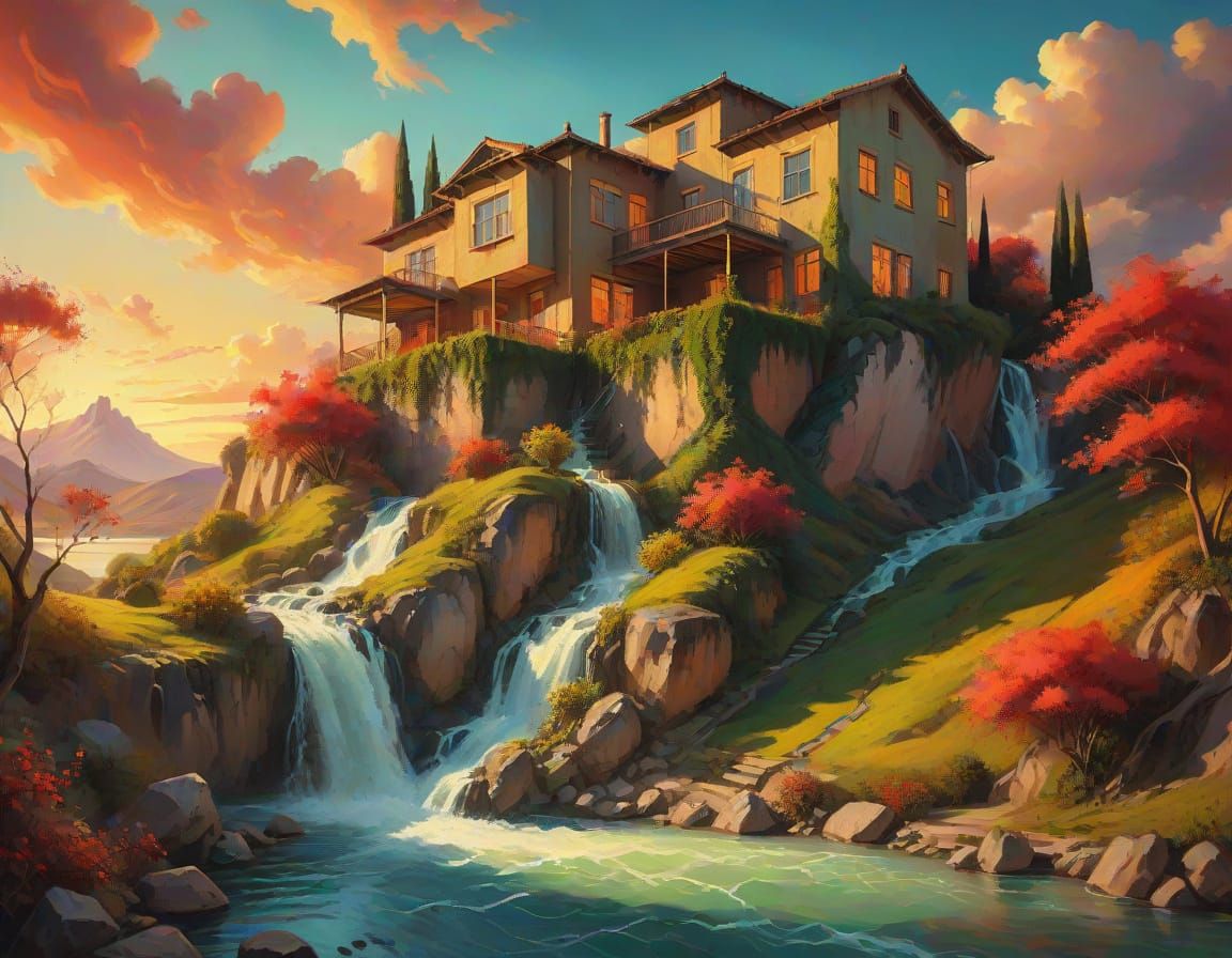 Golden Masterpiece on Mountain's Edge with Creeper-Covered H...