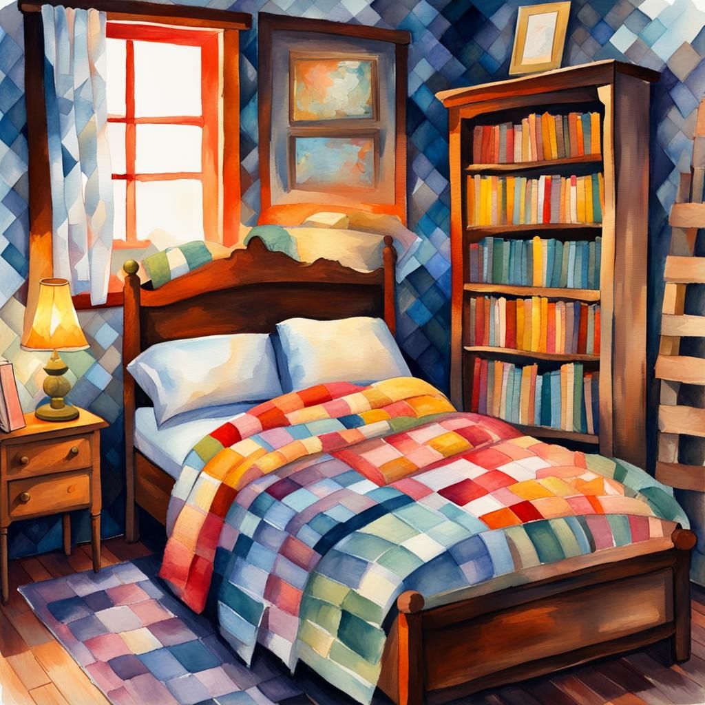 Cozy Bedroom with Patchwork Quilt in Gouache Style