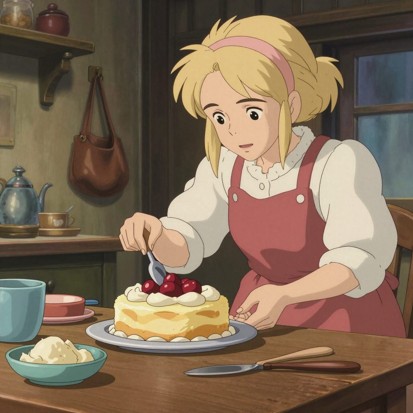 Blonde Woman and Aunt Bake Cake in Anime Style