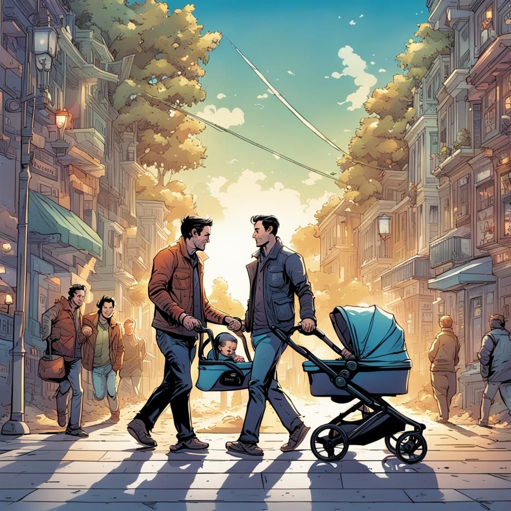 Gay Couple Strolling with Baby: Comic Book Art