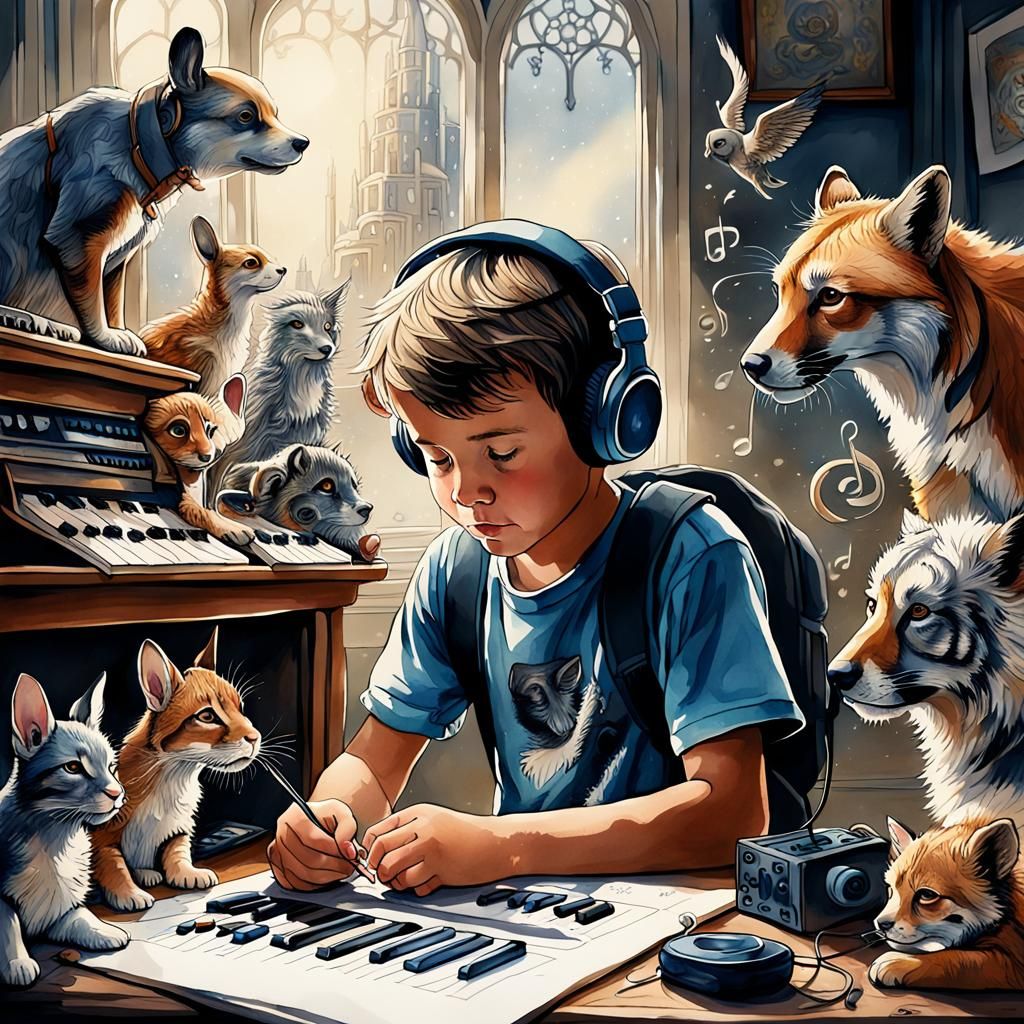 a Boy and animals listening to music