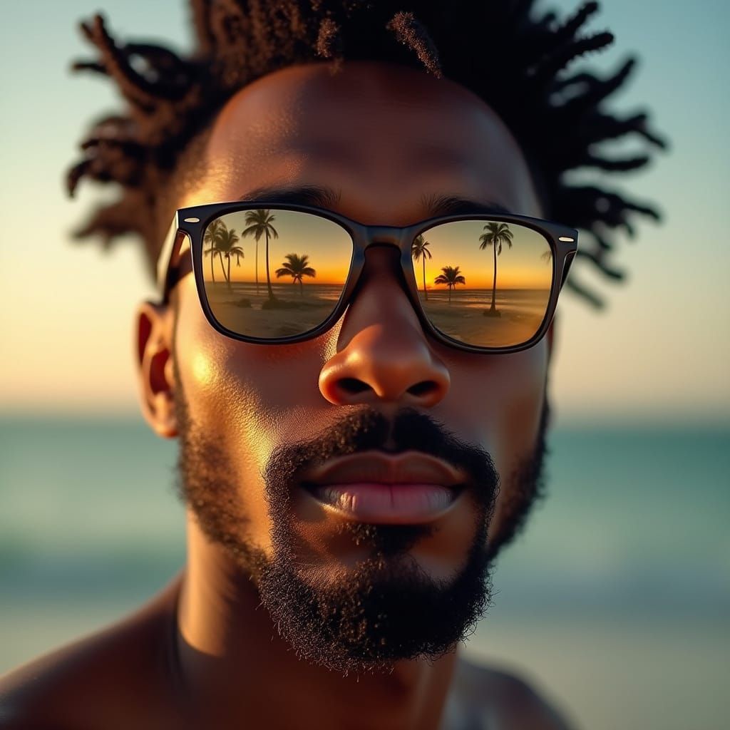 Handsome Black Man Wears Sunglasses Reflecting Beach Scene