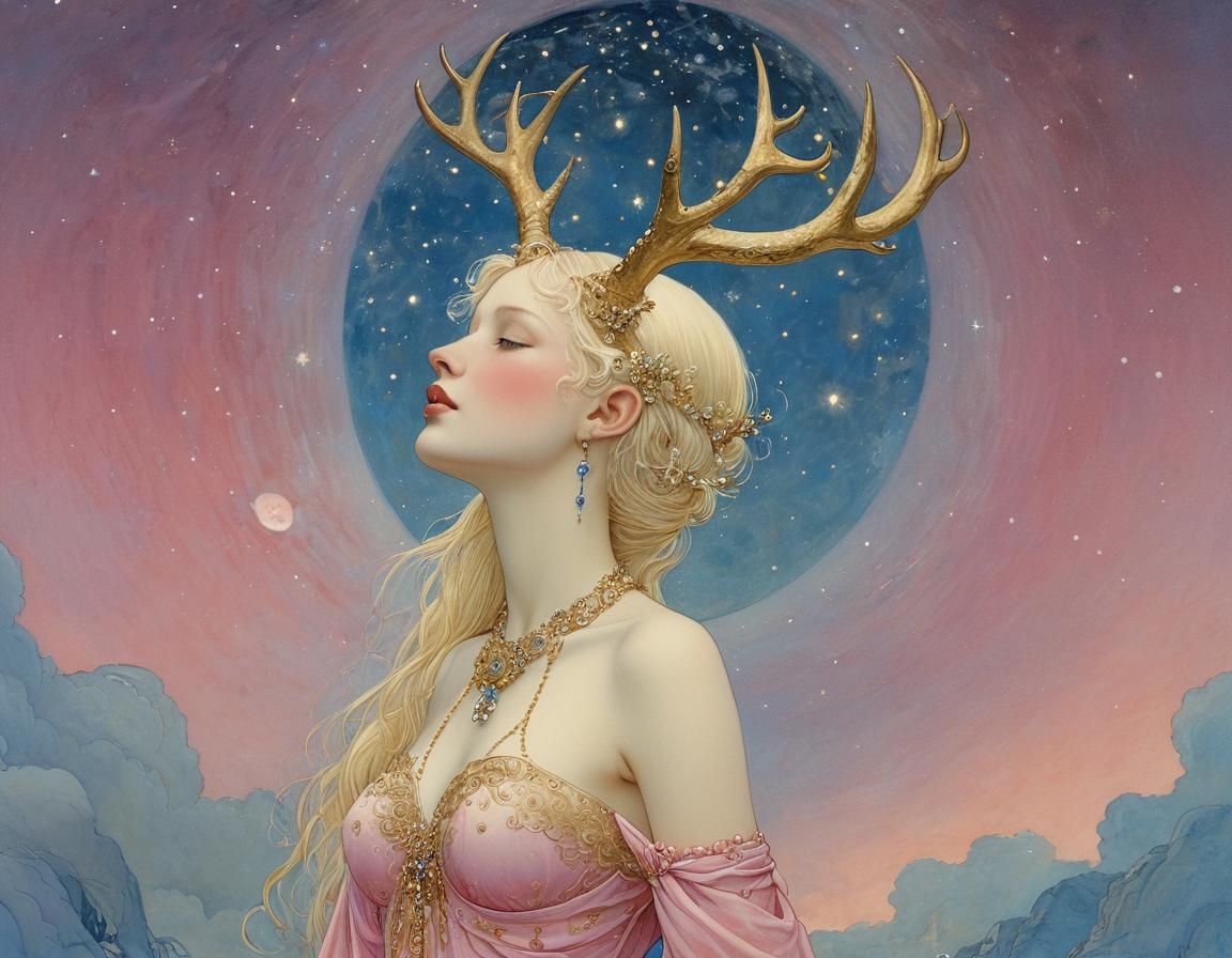 Ethereal Woman with Antlers in Art Nouveau Style
