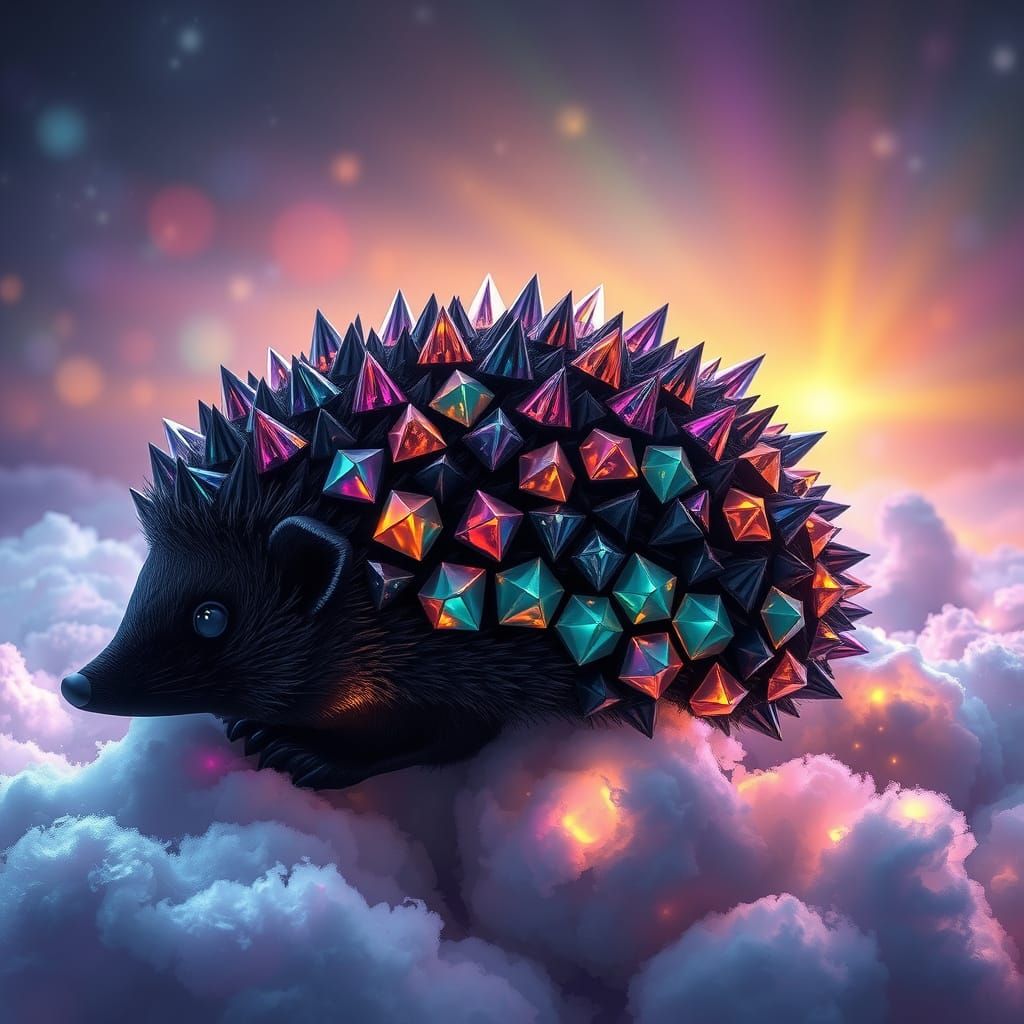 Surreal Hedgehog Dreams in Rainbow Clouds with Glowing Hexag...