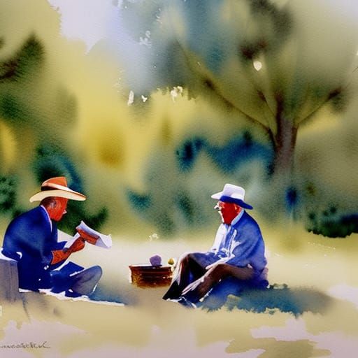 Watercolour Sketch of Two Elderly Farmers Resting