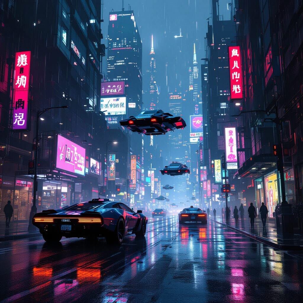 Cyberpunk City Street at Night with Neon Lights