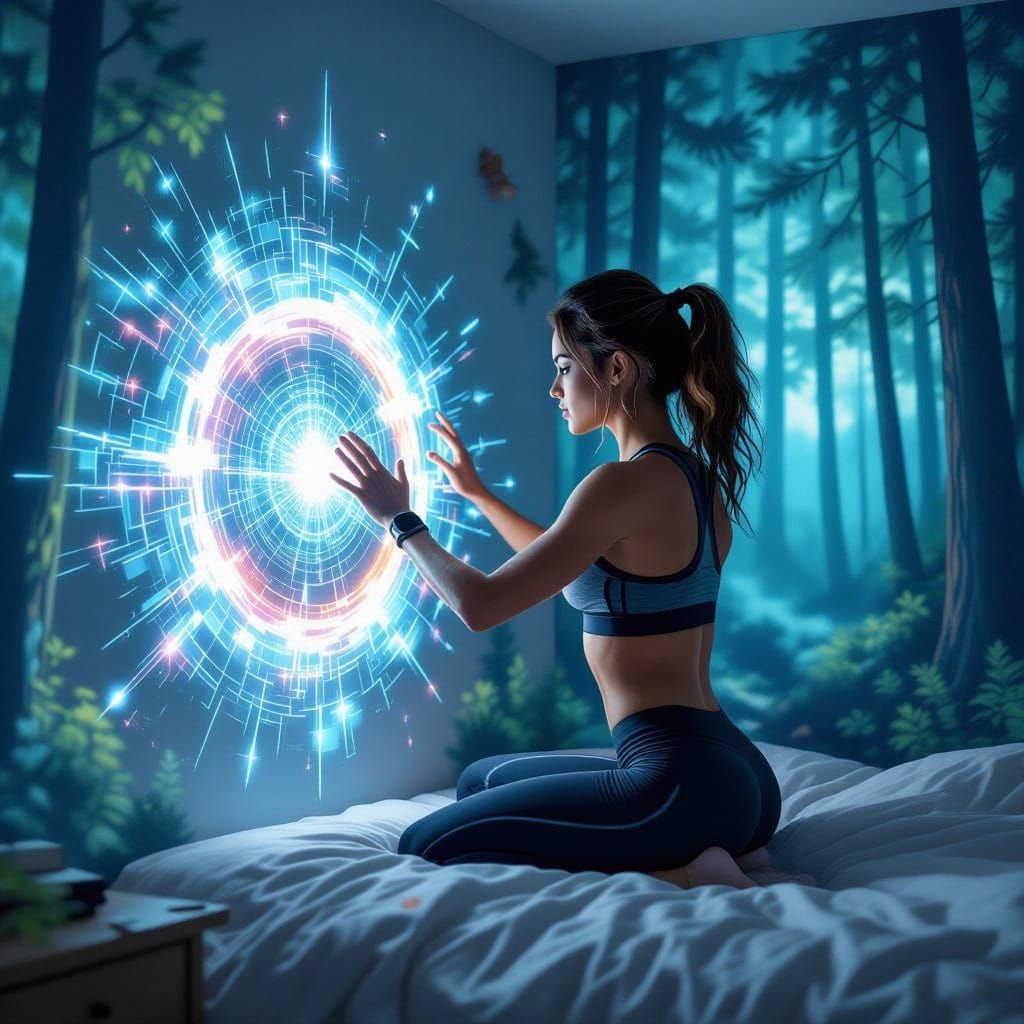 Fit Woman Explores Enchanted Portal in Vibrant Cyberpunk Bed...