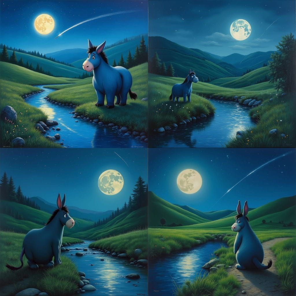 Eeyore by Creek Under Full Moon Shooting Star