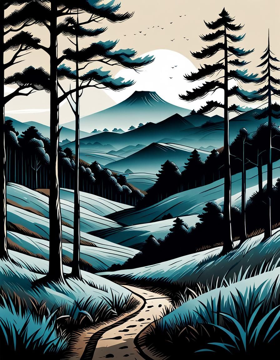 Minimalist Landscape in Linocut Style