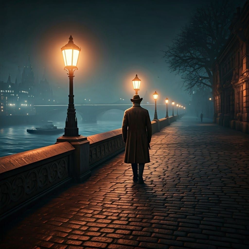 Elegant Gentleman Strolls the Moonlit Thames