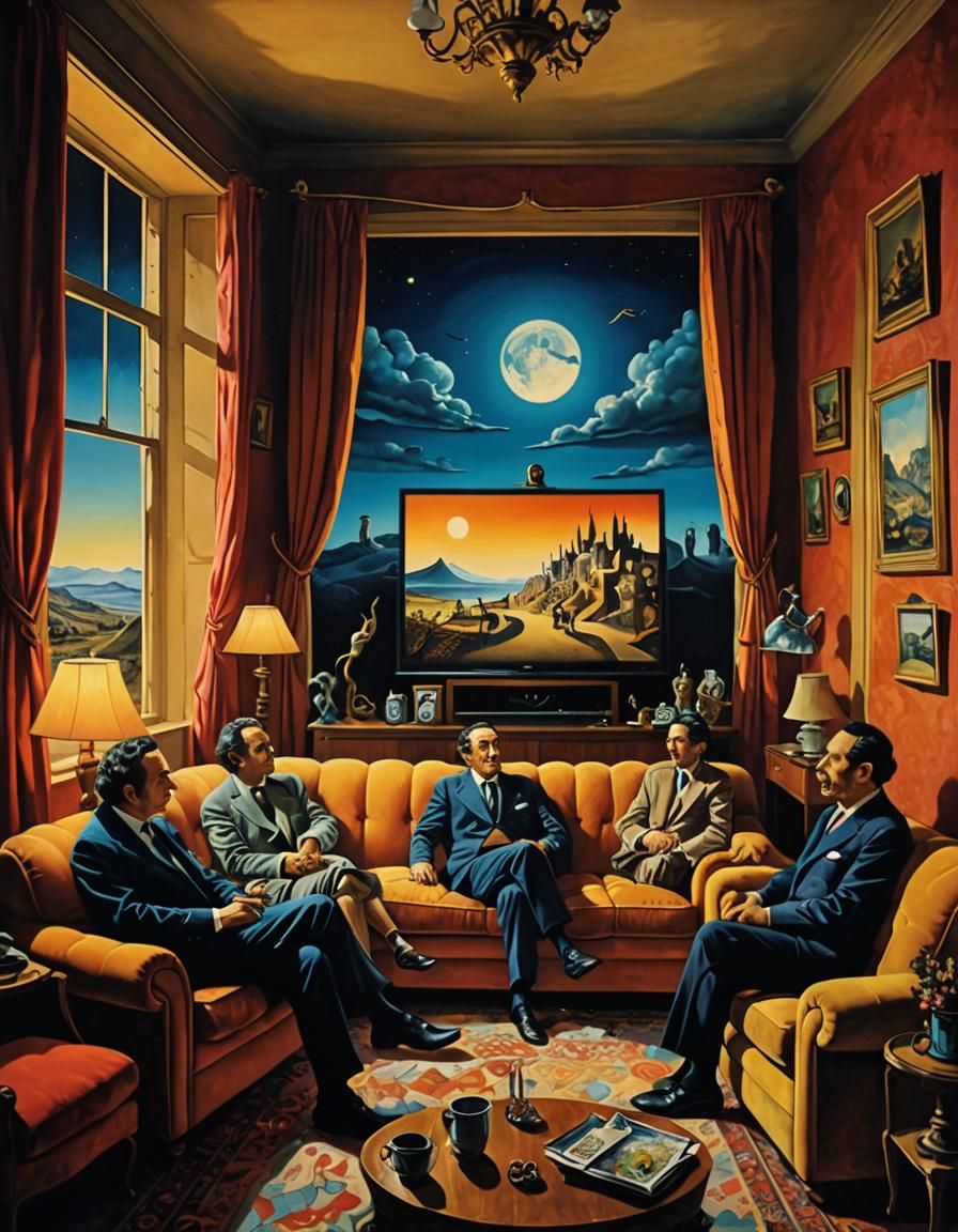 Surreal Lonely Figures Watch Party in Fantasy Realm