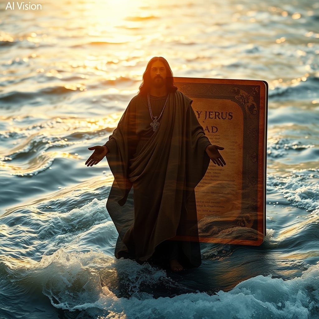 Jesus Christ in River Jordan Double Exposure in AI Vision St...