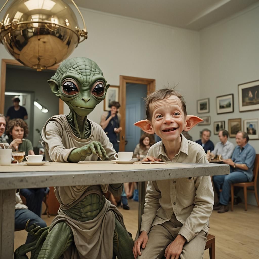 Smiling Aliens Party in Futuristic House