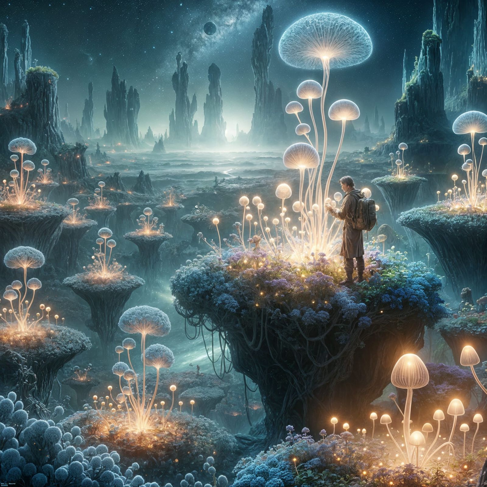 Bioluminescent Garden on Asteroid in Hyper-Fantasy Style