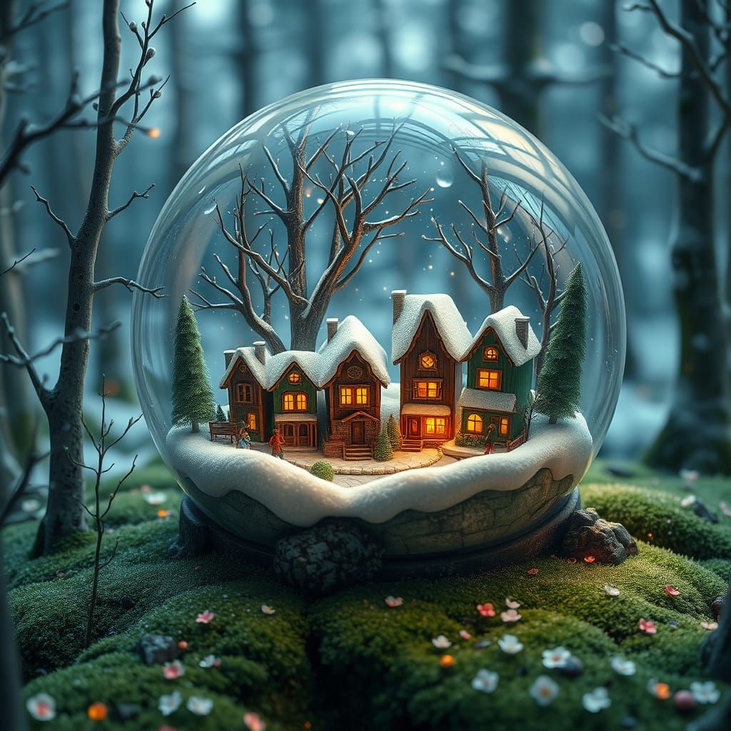 Miniature Village Inside Melting Snow Globe in Anime Style