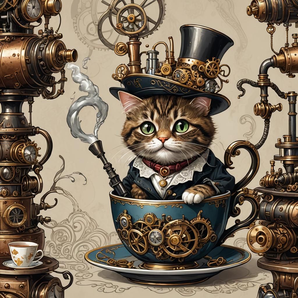 Steampunk Cat in Teacup Scene